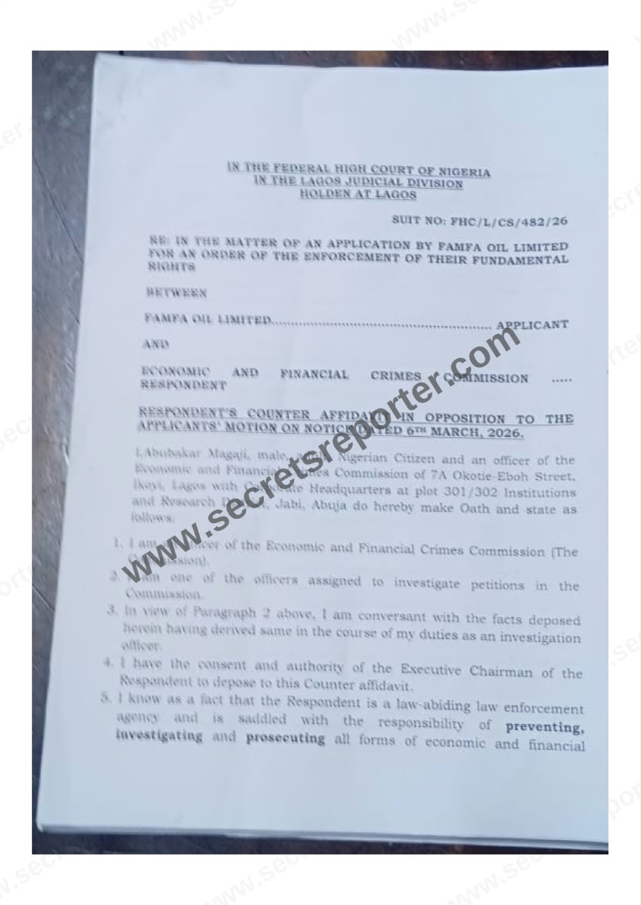 Opening page of the EFCC counter affidavit in FAMFA Oil Limited v EFCC, Suit No. FHC/L/CS/482/26