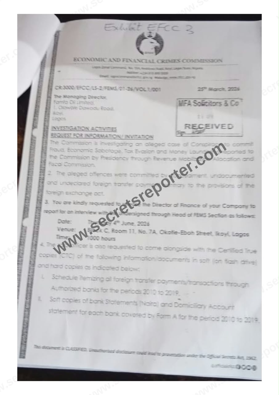 EFCC invitation letter of March 25, 2026 to FAMFA Oil Limited, Exhibit EFCC 3