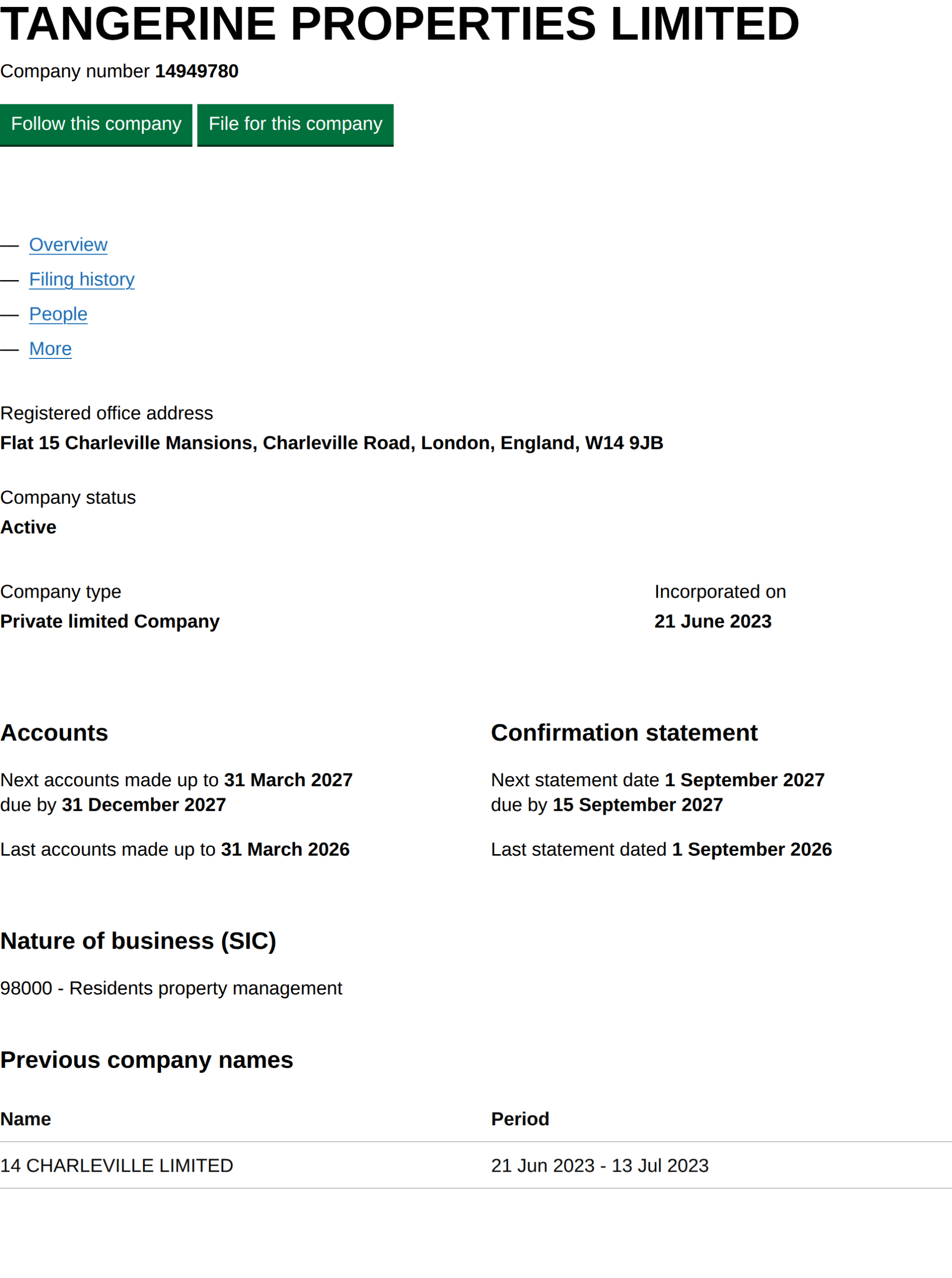 Companies register overview for Tangerine Properties Limited, incorporated 21 June 2023, previously named 14 Charleville Limited