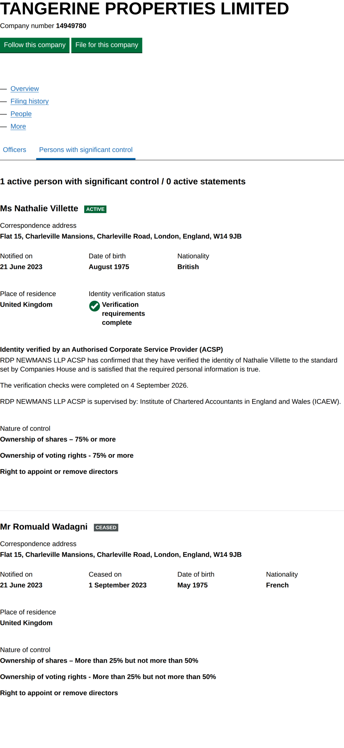 Companies register entry for Tangerine Properties Limited showing Nathalie Villette as active controller and Romuald Wadagni ceased on 1 September 2023