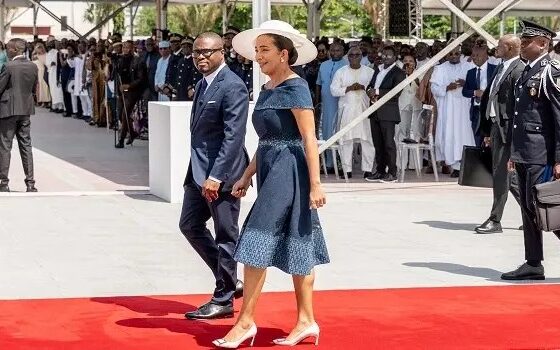 President Romuald Wadagni and First Lady Nathalie Villette-Wadagni arriving for the inauguration ceremony in Cotonou on 24 May 2026