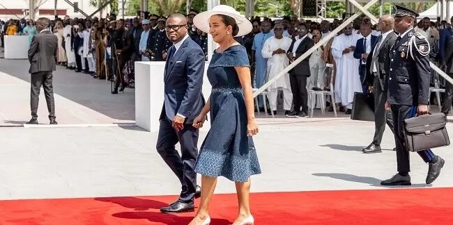 President Romuald Wadagni and First Lady Nathalie Villette-Wadagni arriving for the inauguration ceremony in Cotonou on 24 May 2026