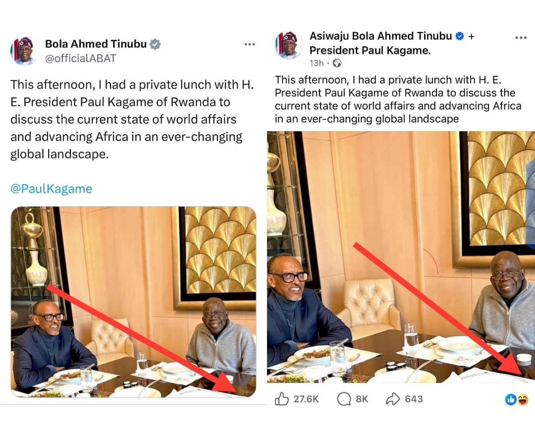 Screenshots of x and facebook posts juxtaposed showing removal of watermark from that of facebook image